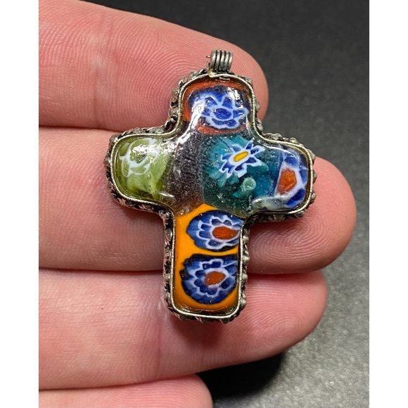 Murano Jewelry - Vintage Murano Art Glass 925 Cross Pendant Italian Puffy Fine